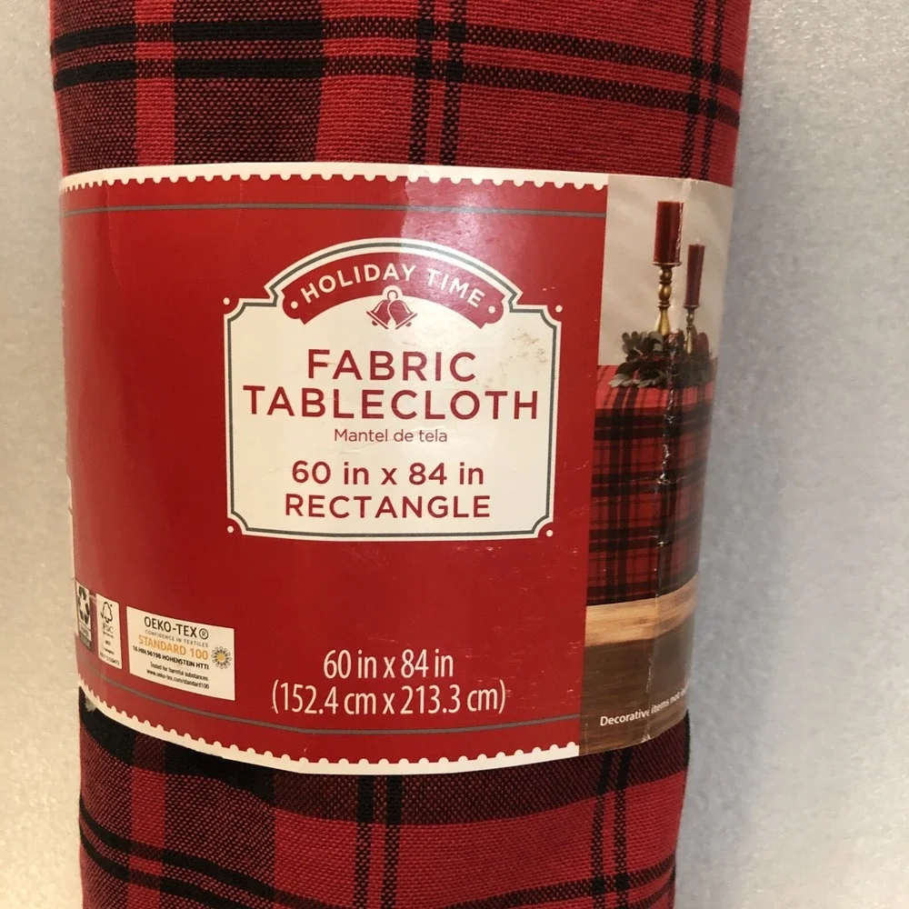 New Holiday Time‎ Buffalo Plaid Fabric Tablecloth Red Black Rectangle 60